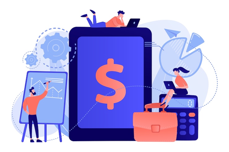 Vecteur gratuit les comptables travaillent avec un logiciel de transactions financières et une tablette. comptabilité d'entreprise, système de comptabilité informatique, illustration de concept d'outils d'entreprise intelligente
