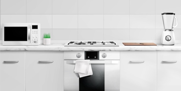 Comptoir de cuisine avec four micro-ondes, cuisinière à gaz