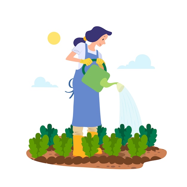 Vecteur gratuit concept d'agriculture biologique avec une femme arrosant les plantes