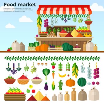 Concept d'alimentation saine marché de fruits et légumes gruaux baies