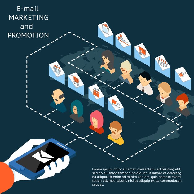 Concept d'application de marketing et de promotion par e-mail avec un vecteur illuistration d'un homme d'affaires tenant un téléphone mobile ou une tablette envoyant un lot d'e-mails dans des enveloppes contenant des icônes de commerce aux personnes
