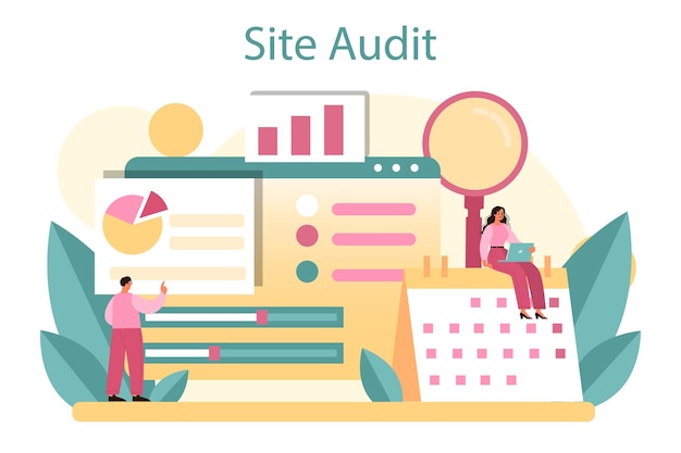 Vecteur gratuit concept d'audit de site web analyse de page web de la visibilité du site web dans les moteurs de recherche audit seo analyse de données web illustration vectorielle plane isolée