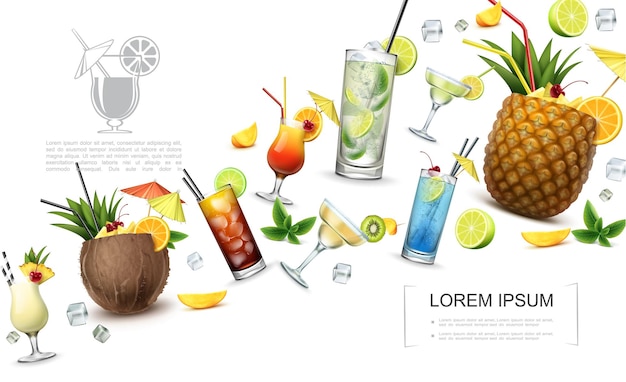 Concept de boissons alcoolisées réaliste avec pina colada cuba libre blue lagoon tequila sunrise martini margarita mojito cocktails et tranches de fruits