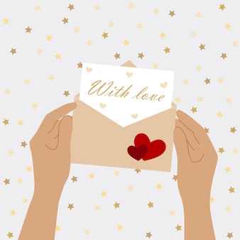 Concept de carte de saint valentin heureuse. les mains tiennent une enveloppe avec une lettre. illustration plate vectorielle