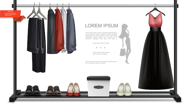 Vecteur gratuit concept coloré de garde-robe à la mode réaliste avec des chemises de pantalon habillées sur des cintres boîte de chaussures pour hommes et femmes