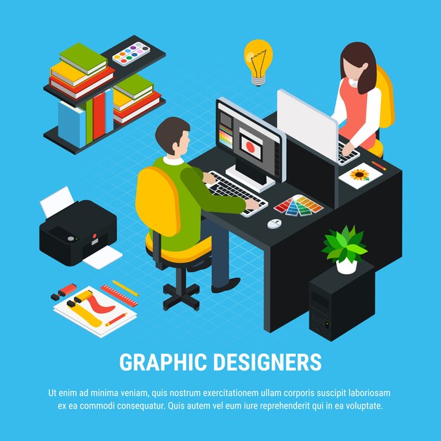 Concept coloré isométrique de conception graphique avec deux illustrateur ou designer travaillant au bureau 3d illustration vectorielle