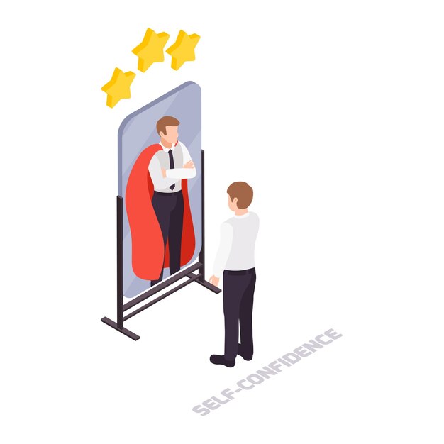 Concept de compétences non techniques avec un travailleur confiant regardant son reflet de super-héros dans un miroir isométrique