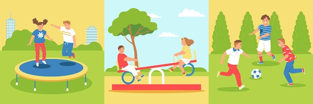 Vecteur gratuit concept de conception d'aire de jeux pour enfants, les enfants sautent sur des balançoires de trampoline et jouent à l'illustration vectorielle de football