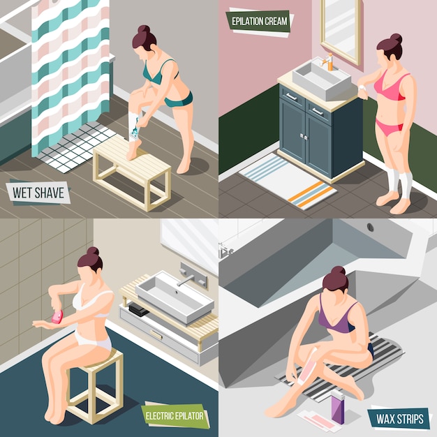 Vecteur gratuit concept de conception d'épilation 2x2 avec femme à l'aide de bandes de cire épilateur de rasoir et de crème dépilatoire 3d isométrique isolé