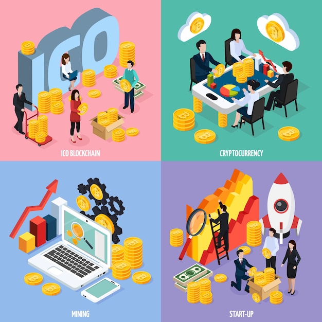 Concept de conception isométrique de blockchain ICO avec travail d'équipe, extraction de crypto-monnaie, recherche marketing et démarrage isolé