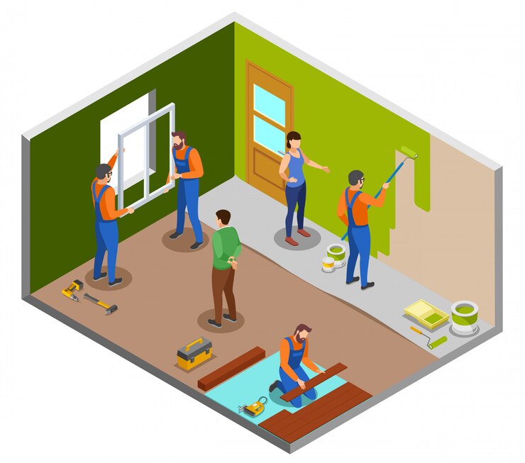Vecteur gratuit concept de conception isométrique de réparation à domicile avec des artisans effectuant divers travaux dans la chambre et les propriétaires donnant des instructions illustration