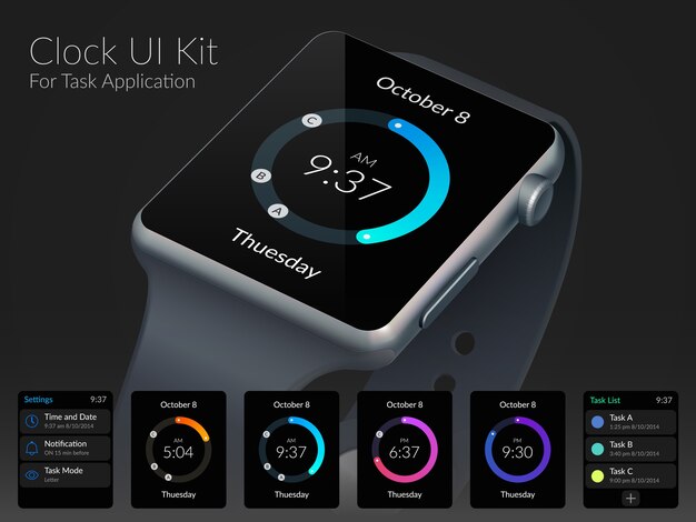 Concept de conception de kit d'interface utilisateur de montre mobile pour illustration plate d'application de tâche