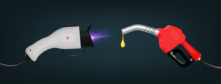 Vecteur gratuit concept de conception réaliste de carburant écologique avec buse de pompe à poignée de gaz et connecteur de charge pour illustration vectorielle de véhicule électrique