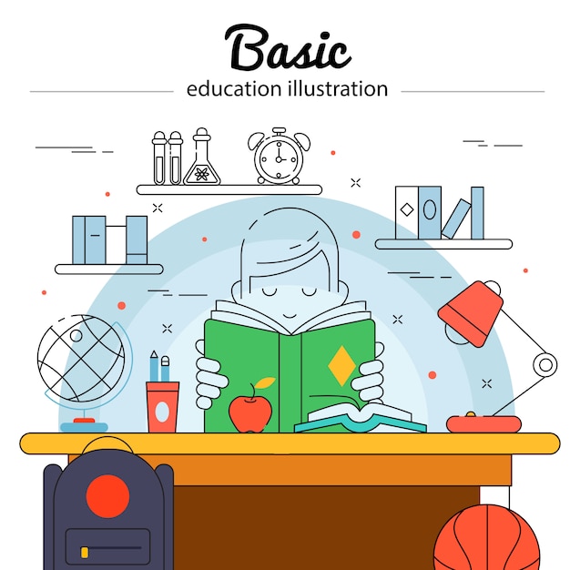 Concept De Couleur De L'éducation De Base Dans Un Style Linéaire Avec L'enfant Fait Ses Devoirs