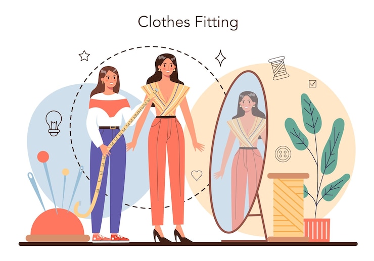 Vecteur gratuit concept de créateur de mode tailleur professionnel cousant ou ajustant des vêtements couturière travaillant sur une machine à coudre électrique et prenant des mesures illustration vectorielle à plat