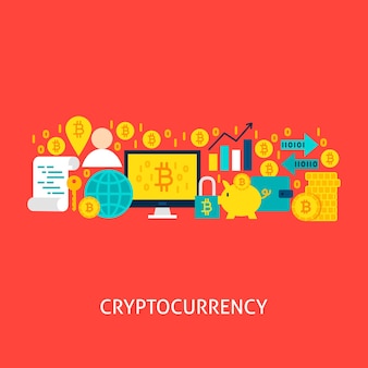 Concept de crypto-monnaie. illustration vectorielle de conception d'affiches. ensemble d'objets colorés bitcoin.