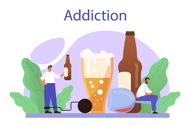 Concept de dépendance Idée de traitement médical pour les personnes dépendantes Condition potentiellement mortelle Dépendance à l'alcool Illustration vectorielle plane isolée