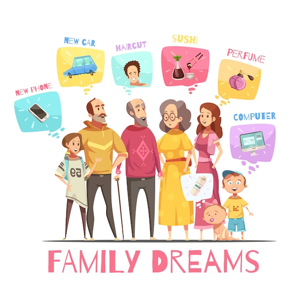 Vecteur gratuit concept de design de famille avec des icônes de grands membres de la famille et leurs rêves images décoratives illustration de dessin animé plat