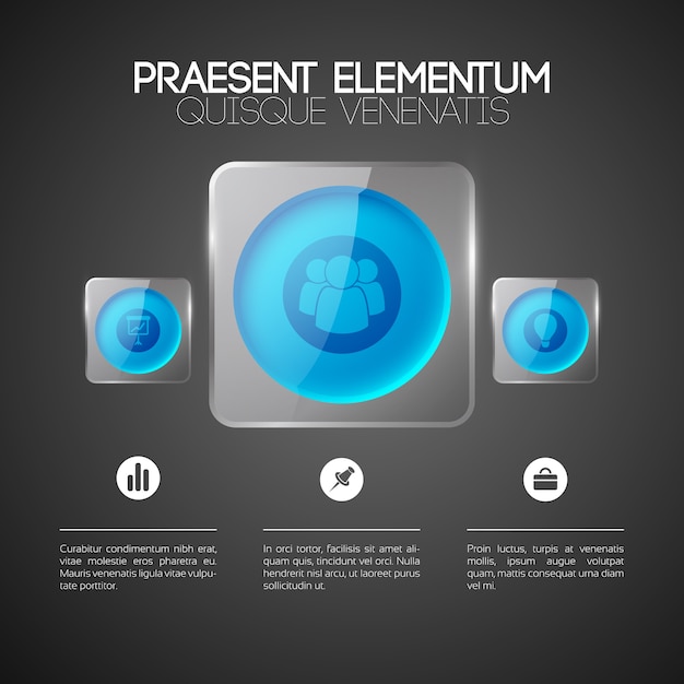 Vecteur gratuit concept de design infographique abstrait avec des icônes d'affaires de texte boutons ronds bleus dans des cadres carrés en verre