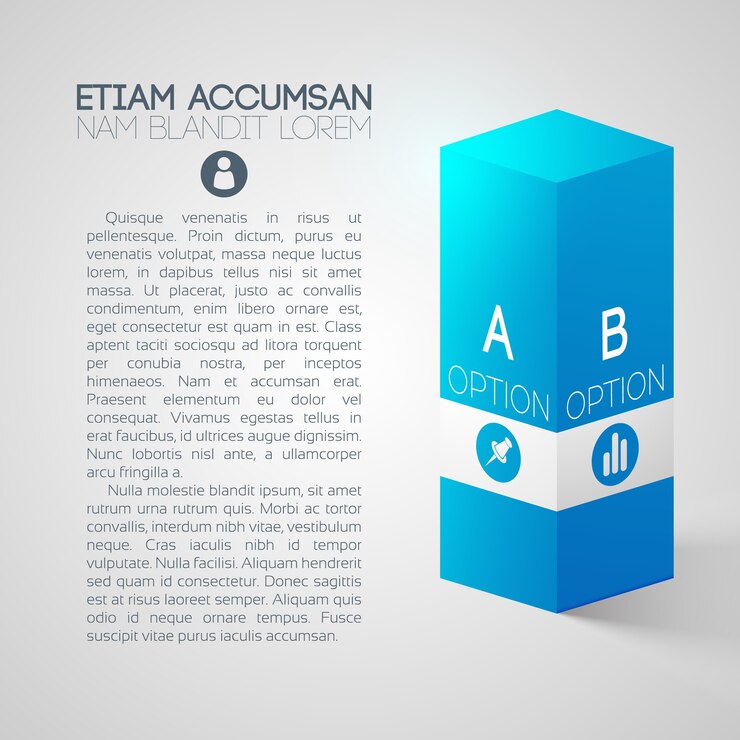 Vecteur gratuit concept de design infographique web entreprise avec texte et colonne carrée bleue 3d et icônes isolées