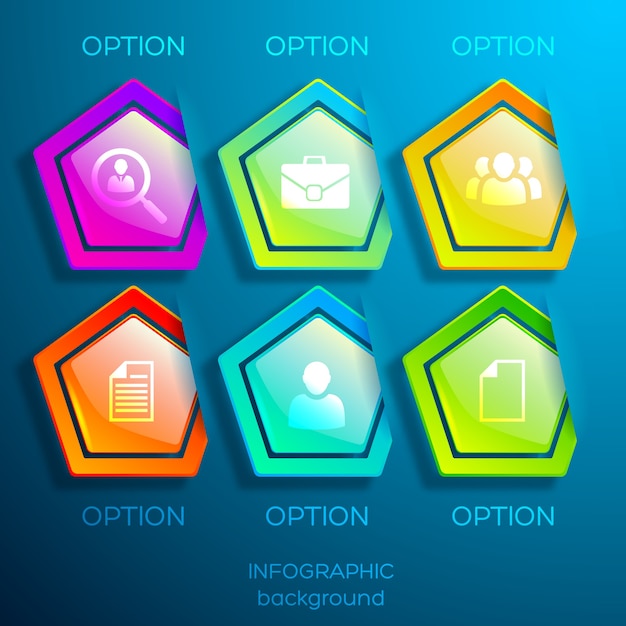 Vecteur gratuit concept de design infographique web avec des icônes d'affaires et six éléments hexagonaux colorés brillants isolés