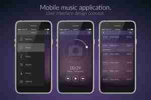 Vecteur gratuit concept de design d'interface d'application de musique mobile sur illustration plat sombre