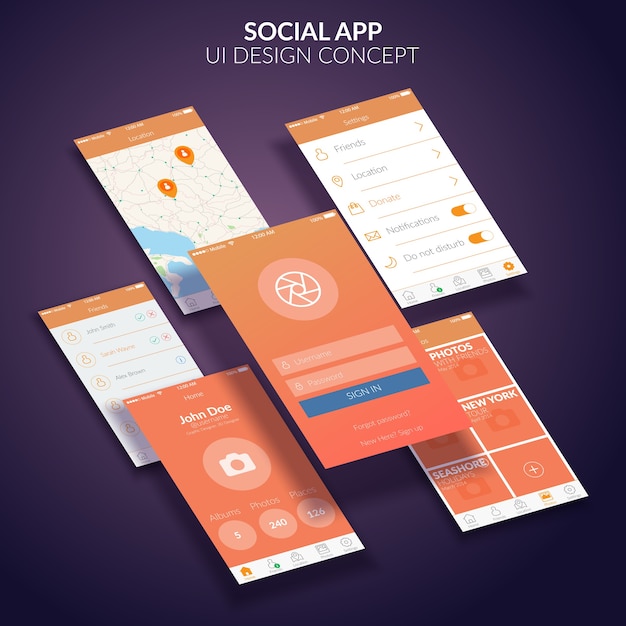 Vecteur gratuit concept de design d'interface utilisateur d'application sociale mobile plat