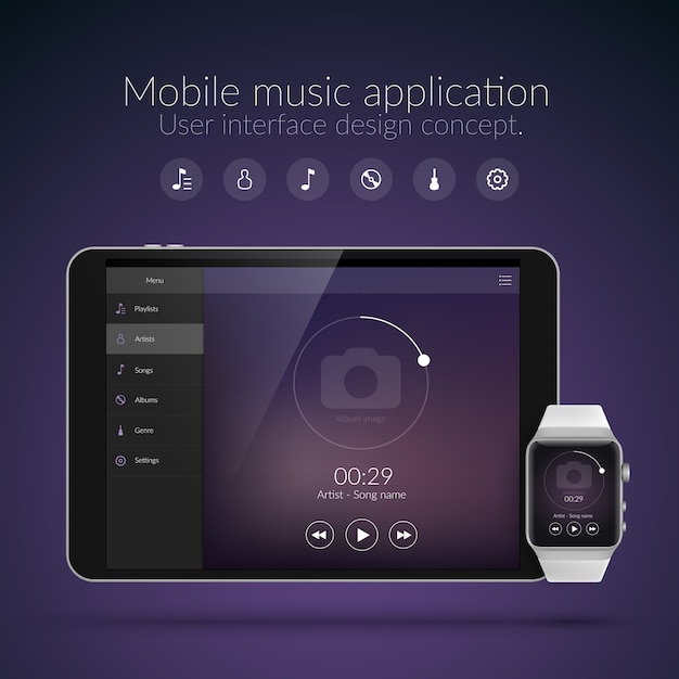 Vecteur gratuit concept de design d'interface utilisateur avec des éléments web d'application de musique pour les appareils de montre et de tablette isolé illustration vectorielle