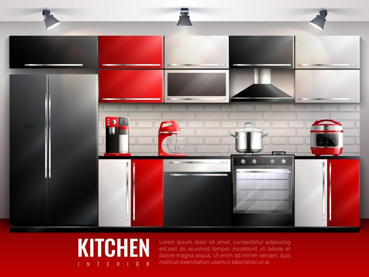 Vecteur gratuit concept de design moderne d'intérieur de cuisine dans un style réaliste avec des appareils électroménagers et des ustensiles