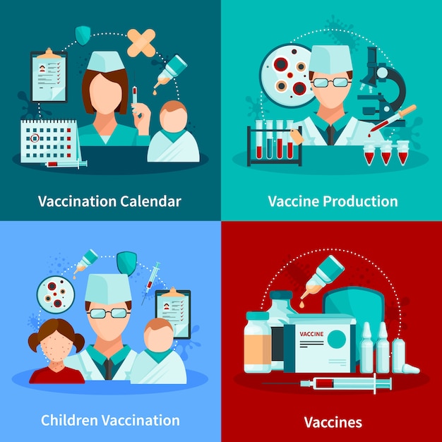 Concept De Design Plat De Vaccination Avec Calendrier De Vaccination Et Ensemble D'outils Médicaux Et Produits De Vaccination Vector Illustration