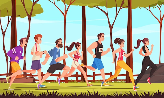 Concept de dessin animé de coureur de ville avec un groupe de jeunes qui courent à l'extérieur illustration vectorielle