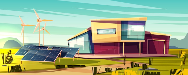 Vecteur gratuit concept de dessin animé de maison efficace et indépendant de l&#39;énergie chalet moderne avec panneau solaire