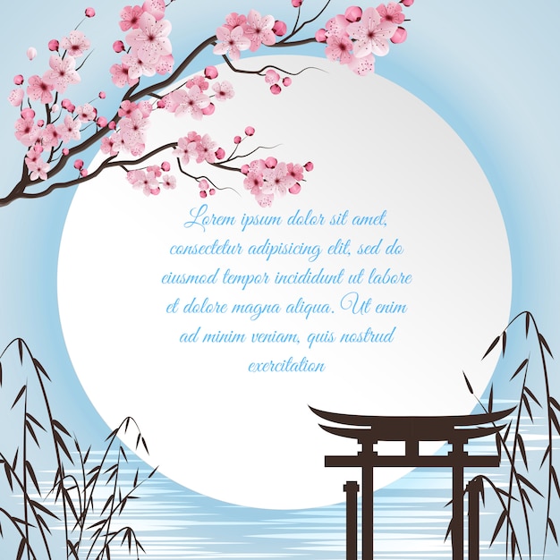 Vecteur gratuit concept de dessin animé de sakura avec motifs japonais et cercle blanc avec place pour le poème