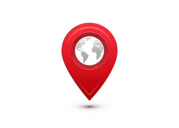 Concept de destination. Voyage de voyage international. Pointeur rouge avec carte du monde gris à l'intérieur.