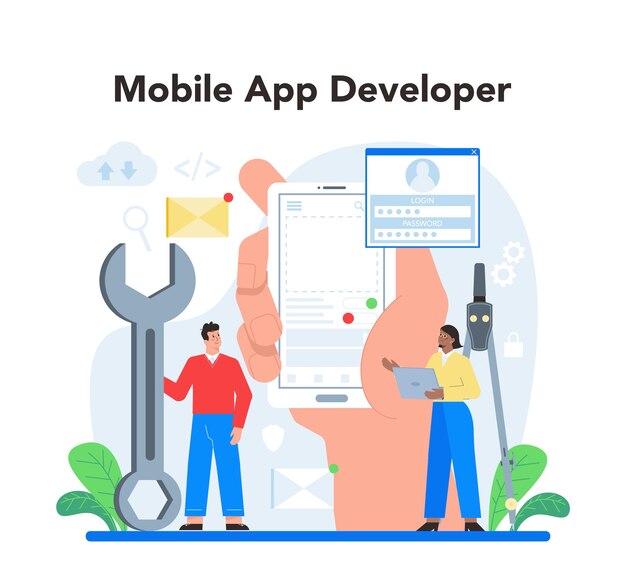 Concept de développement d'applications mobiles Technologie moderne et conception d'interface de smartphone Création et programmation d'applications Illustration vectorielle à plat