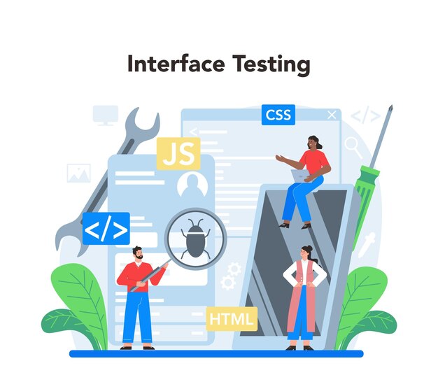 Concept de développement frontal Amélioration de la conception de l'interface du site Web Programmation de la page Web Codage et test Profession informatique Illustration vectorielle plane isolée