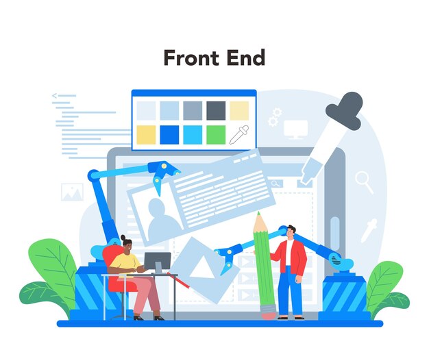 Concept de développement frontal Amélioration de la conception de l'interface du site Web Programmation de la page Web Codage et test Profession informatique Illustration vectorielle plane isolée