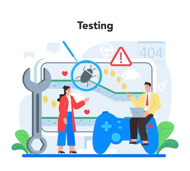 Concept De Développement De Jeu Processus Créatif D'une Conception De Jeu Vidéo Informatique Programmation Et Test De Programmation De Technologie Numérique Illustration Vectorielle Plane Isolée