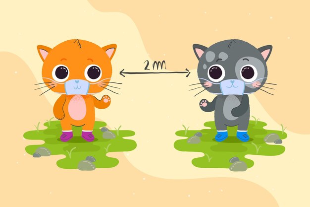 Vecteur gratuit concept de distance sociale avec des animaux mignons