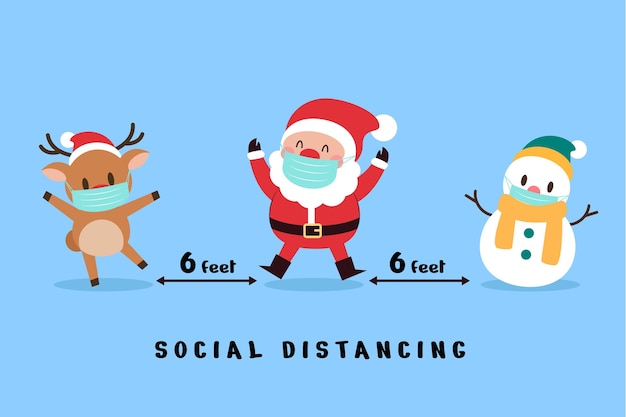 Concept de distance sociale avec des personnages de Noël