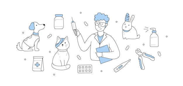 Concept De Doodle De Clinique Vétérinaire Avec Médecin Chien Et Chat