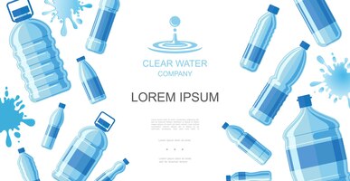 Concept d'eau potable plate avec des bouteilles en plastique d'eau pure et des éclaboussures de liquide