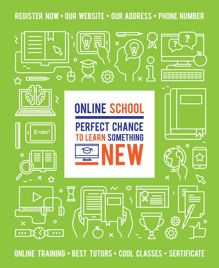 Vecteur gratuit concept de l&#39;éducation scolaire en ligne avec légende au centre et les icônes de la ligne blanche