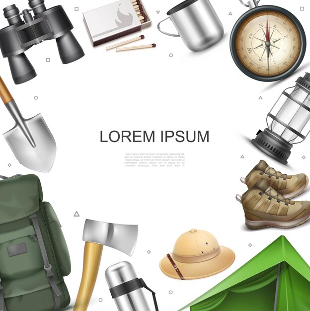 Concept d'éléments de camping réaliste avec sac à dos de tente baskets chapeau panama lanterne navigation boussole hache pelle thermos jumelles correspond à une tasse en métal