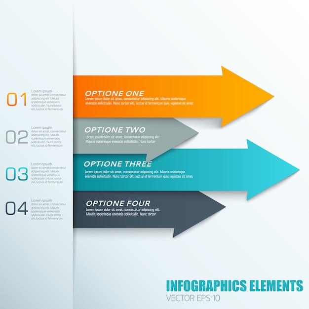 Vecteur gratuit concept d'éléments infographiques avec des flèches horizontales colorées et des champs de texte ordonnés