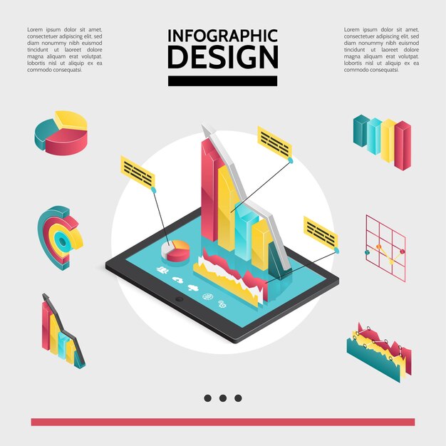 Concept d'éléments infographiques isométriques avec diagrammes graphiques et graphiques sur l'illustration de l'écran de la tablette