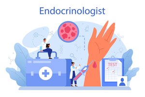 Concept d'endocrinologue examen de la thyroïde le médecin examine l'hormone et le glucose idée de santé et de traitement médical illustration vectorielle plane isolée