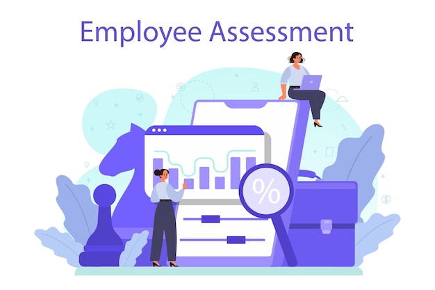 Vecteur gratuit concept d'évaluation des employés formulaire de test d'évaluation des employés et rapport d'examen des performances des travailleurs développement des employés de la gestion du personnel illustration vectorielle plane isolée