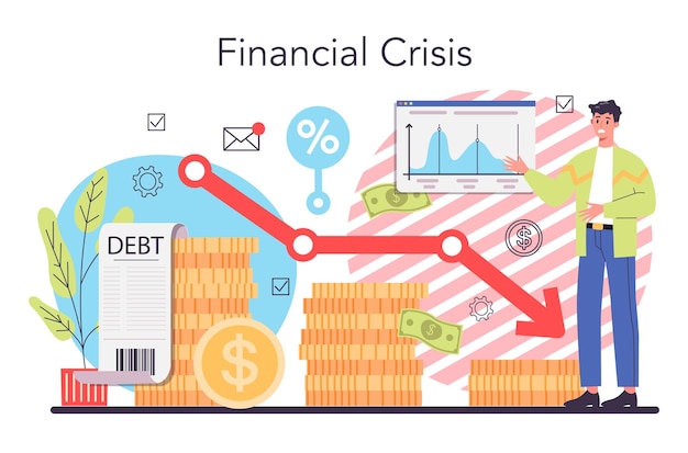 Vecteur gratuit concept de faillite crise financière avec chute du graphique des bénéfices et diminution de l'argent idée de déclin financier et commercial et perd illustration vectorielle plane