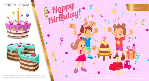 Concept de fête d'anniversaire plat avec des enfants célébrant anniversaire confettis coffrets cadeaux illustration